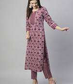 Mauve cotton blend casual printed straight kurta pant set