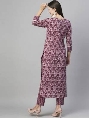 Mauve cotton blend casual printed straight kurta pant set 4