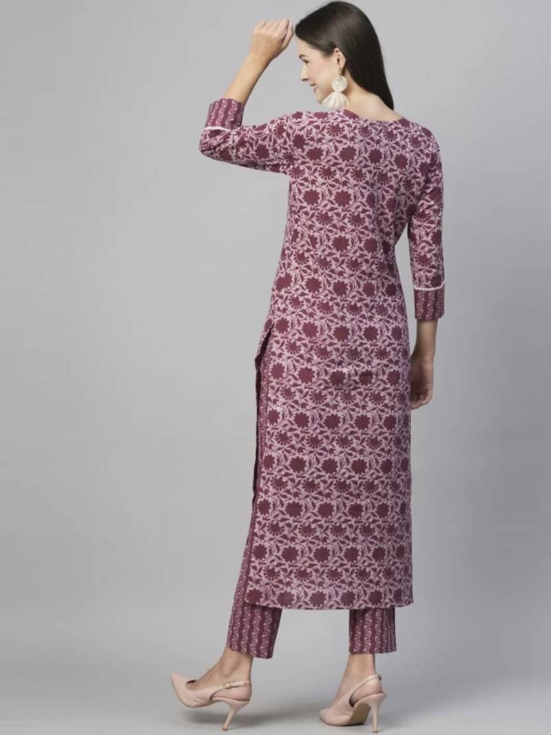 Mauve cotton blend casual printed straight kurta pant set
