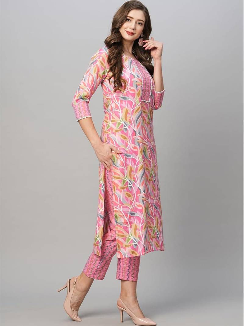 Pink cotton blend casual printed straight kurta pant set