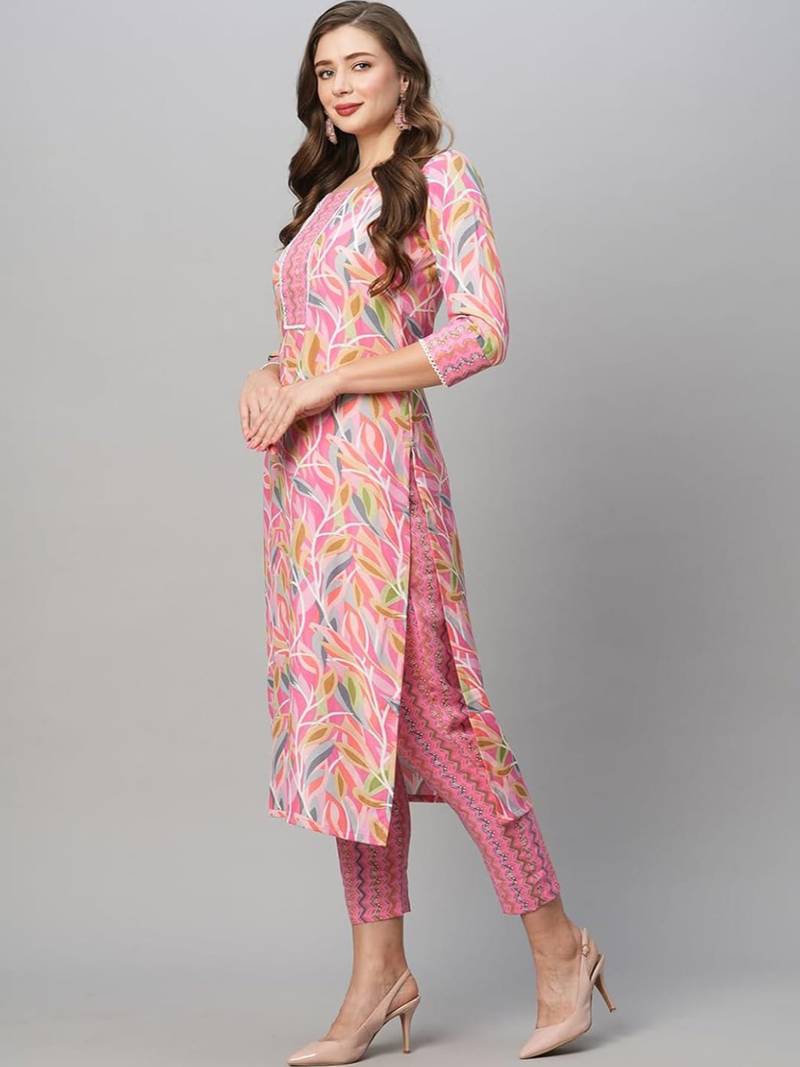 Pink cotton blend casual printed straight kurta pant set