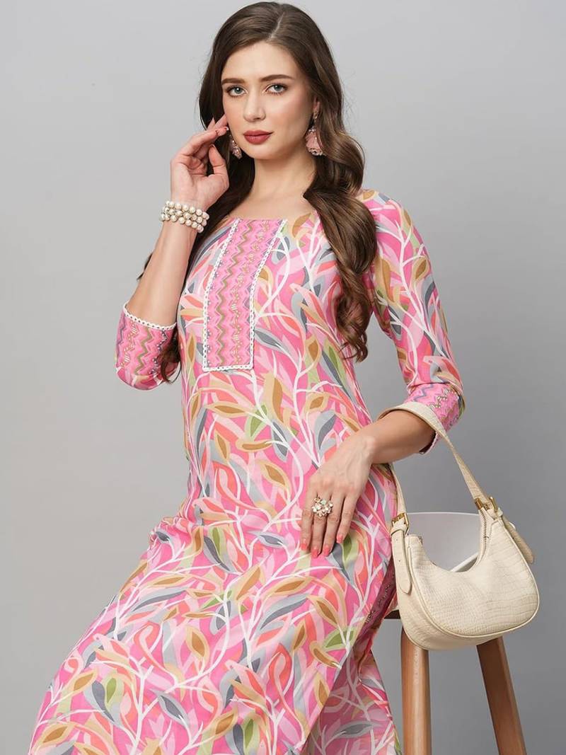 Pink cotton blend casual printed straight kurta pant set