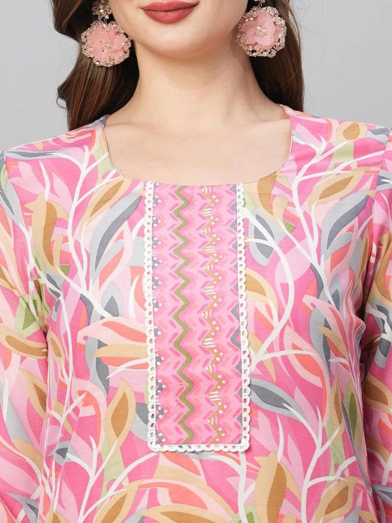 Pink cotton blend casual printed straight kurta pant set