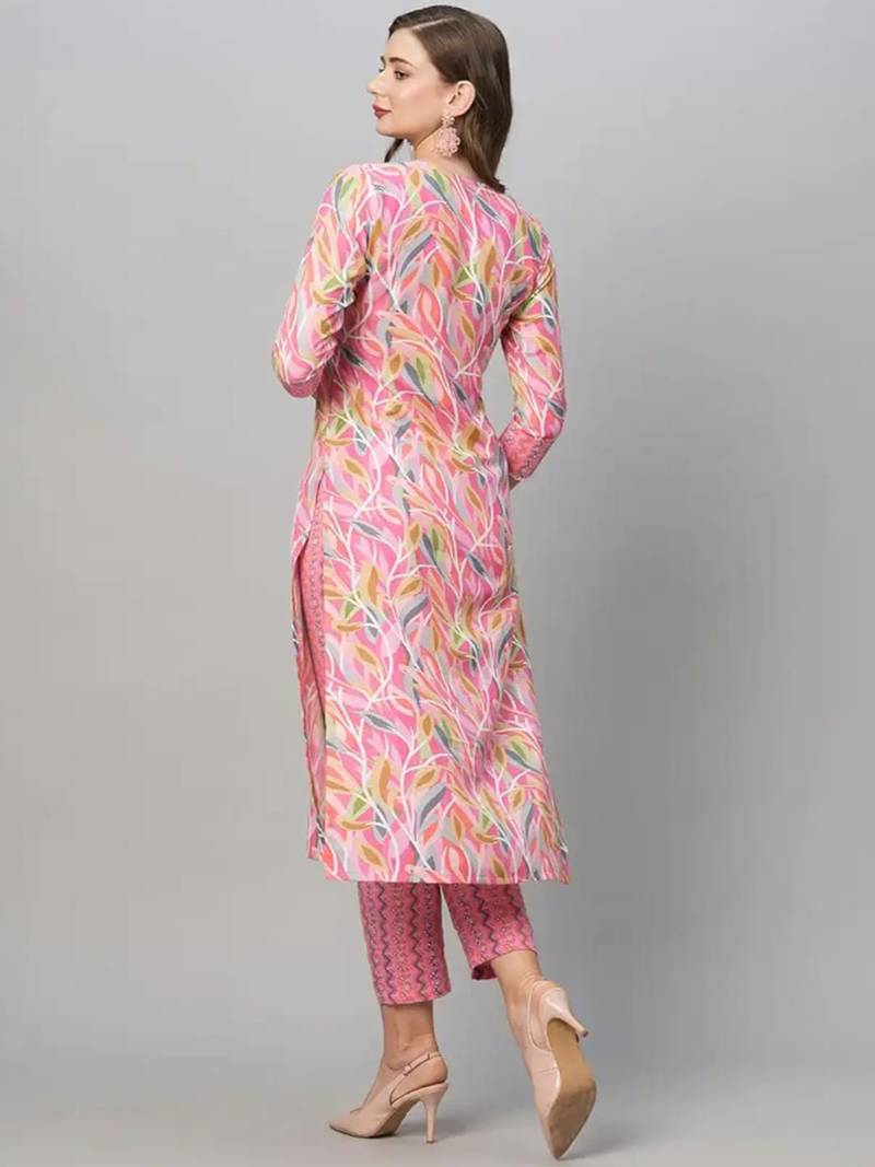 Pink cotton blend casual printed straight kurta pant set
