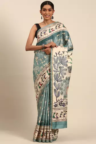 Sangam prints sky blue cotton digital print festival saree