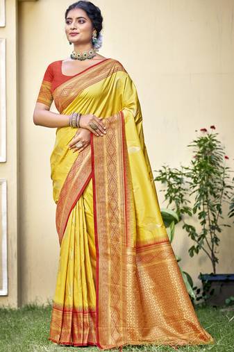 Sangam prints yellow silk woven work festival saree
