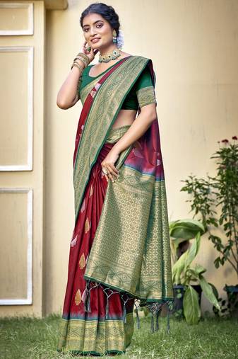 Sangam prints maroon silk woven work festival saree
