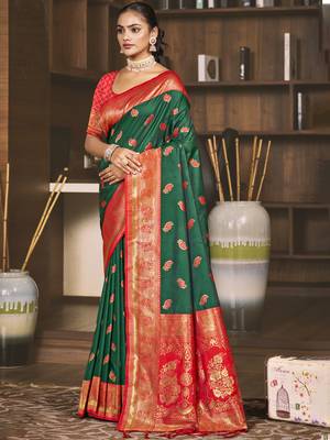 Sangam prints green silk woven work festival saree 1