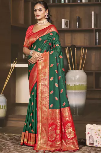 Sangam prints green silk woven work festival saree