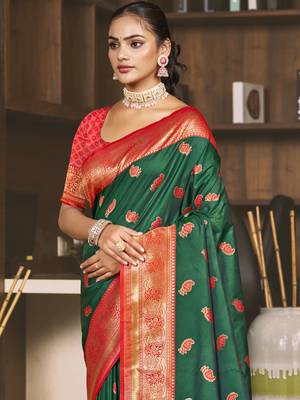 Sangam prints green silk woven work festival saree 2