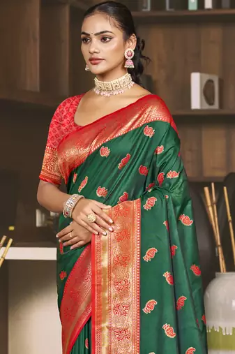 Sangam prints green silk woven work festival saree