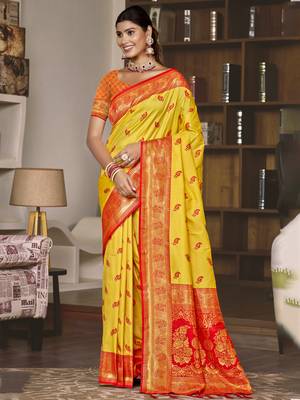 Sangam prints yellow silk woven work festival saree 1