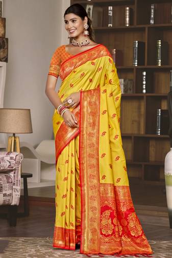 Sangam prints yellow silk woven work festival saree