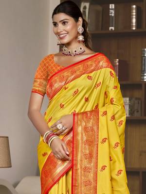 Sangam prints yellow silk woven work festival saree 2