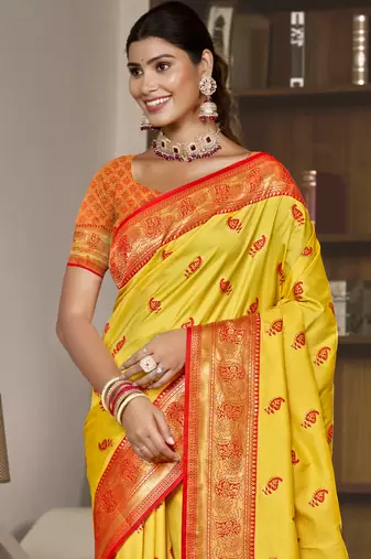 Sangam prints yellow silk woven work festival saree