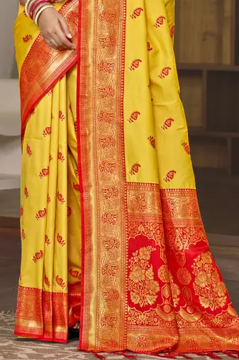 Sangam prints yellow silk woven work festival saree