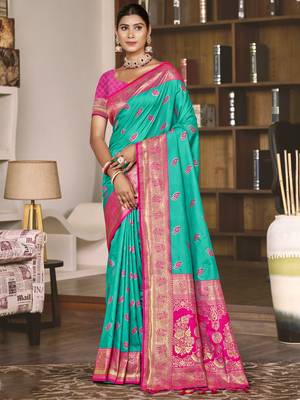 Sangam prints teal green silk woven work festival saree 1