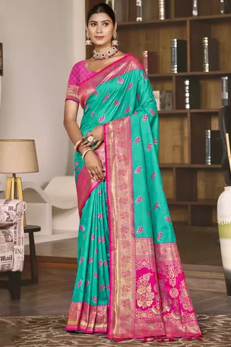 Sangam prints teal green silk woven work festival saree