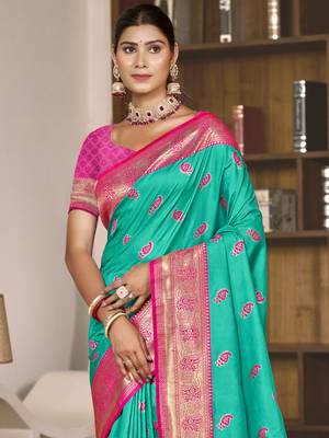 Sangam prints teal green silk woven work festival saree 2