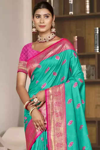 Sangam prints teal green silk woven work festival saree