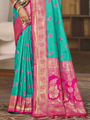 Sangam prints teal green silk woven work festival saree 3