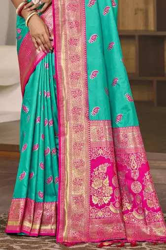 Sangam prints teal green silk woven work festival saree