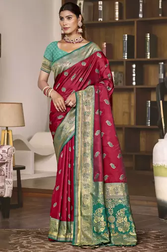 Sangam prints magenta silk woven work festival saree