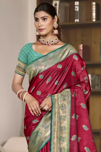 Sangam prints magenta silk woven work festival saree