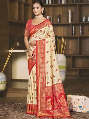 Sangam prints cream silk woven work festival saree 1