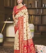 Sangam prints cream silk woven work festival saree