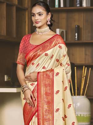 Sangam prints cream silk woven work festival saree 2