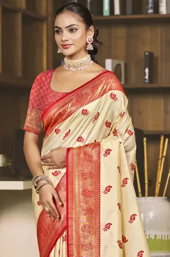 Sangam prints cream silk woven work festival saree