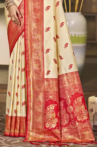 Sangam prints cream silk woven work festival saree