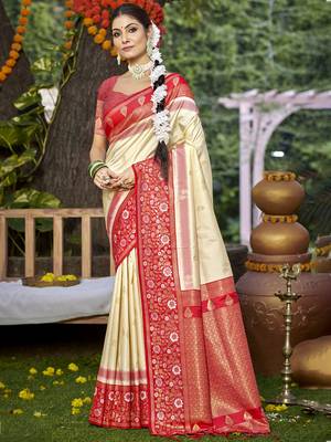 Sangam prints cream silk woven work festival saree 1
