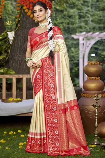 Sangam prints cream silk woven work festival saree