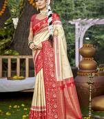 Sangam prints cream silk woven work festival saree