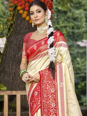Sangam prints cream silk woven work festival saree 2