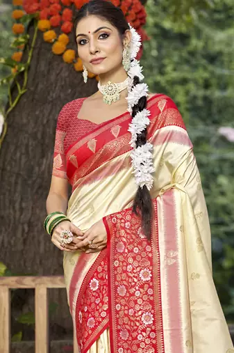 Sangam prints cream silk woven work festival saree