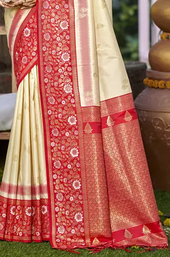Sangam prints cream silk woven work festival saree