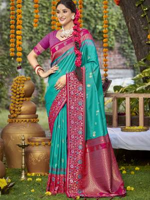 Sangam prints sky blue silk woven work festival saree 1