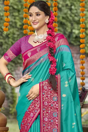 Sangam prints sky blue silk woven work festival saree