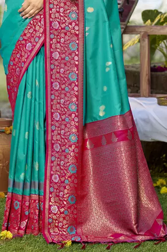 Sangam prints sky blue silk woven work festival saree