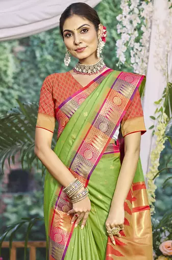Sangam prints light green silk woven work festival saree