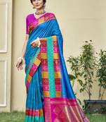 Sangam prints sky blue silk woven work festival saree