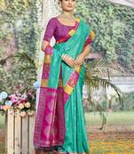 Sangam prints teal green silk woven work festival saree