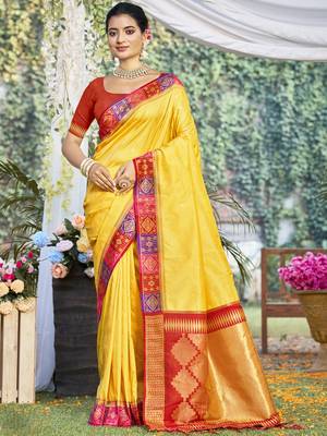 Sangam prints yellow silk woven work festival saree 1