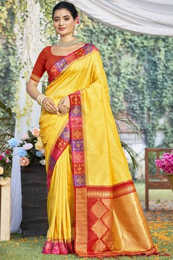 Sangam prints yellow silk woven work festival saree