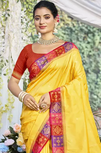 Sangam prints yellow silk woven work festival saree