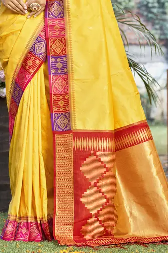 Sangam prints yellow silk woven work festival saree
