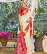 Sangam prints cream silk woven work festival saree